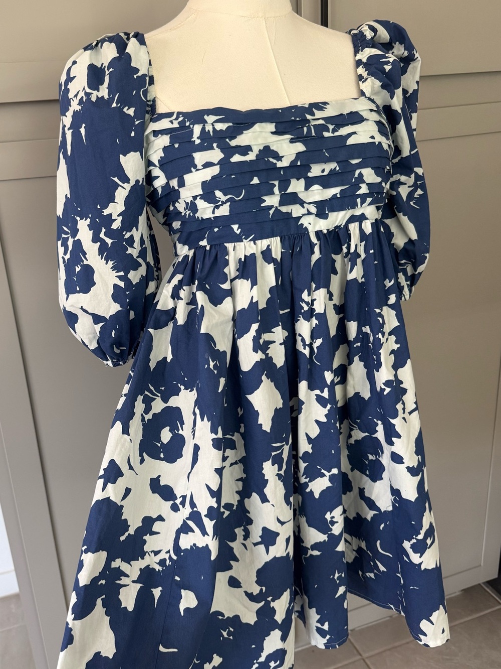 Blue & White Floral Puff Sleeve Babydoll Mini Dress